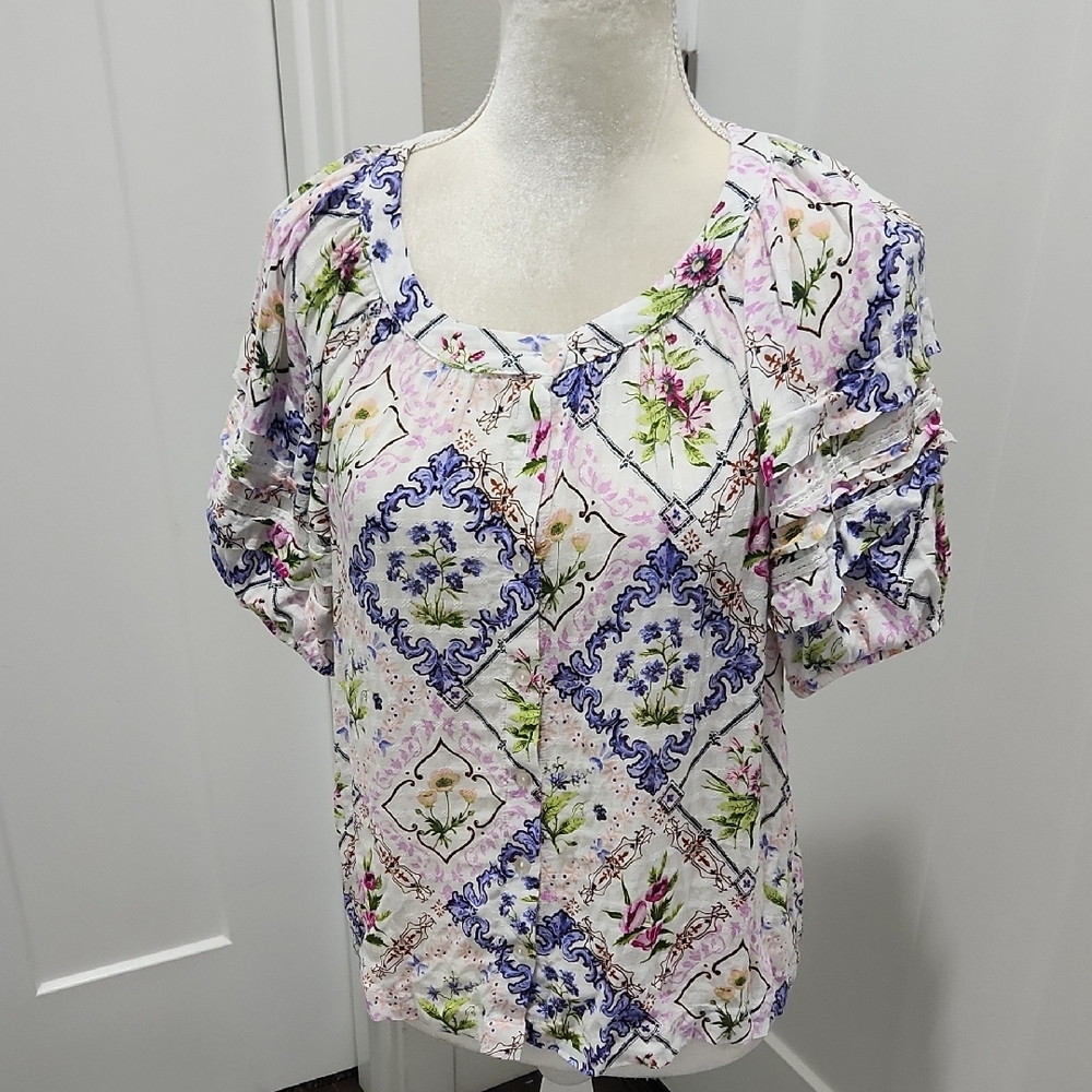 Floral Patchwork Women's Blouse Jane +Delaney Puff Sleeves M